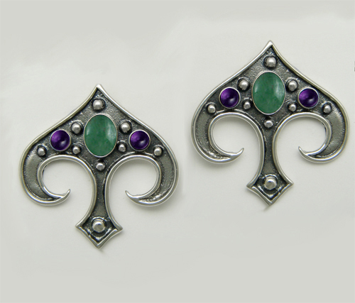 Sterling Silver Gothic Inspired Drop Dangle Earrings With Jade And Amethyst